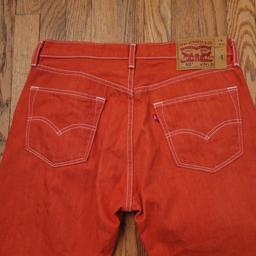 Levis 34x32 Jeans Orange Red Straight Leg White Contrast Stitch 501 Retro 90s